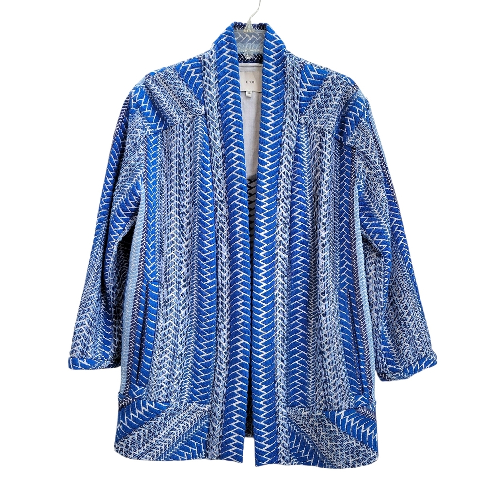 IRO Otomar Oversized Open‎ Front Woven Jacket Blue White Geometric Pattern